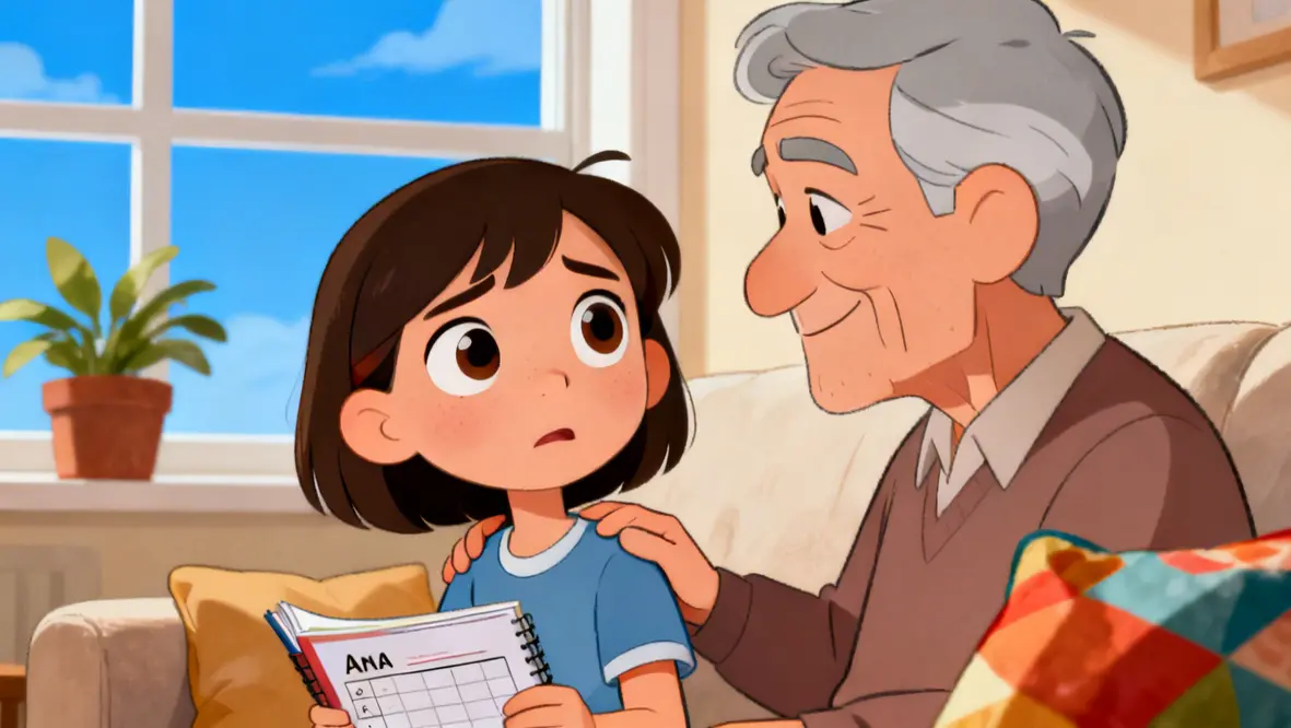 Criança orando antes de uma prova escolar, simbolizando confiança em Deus.