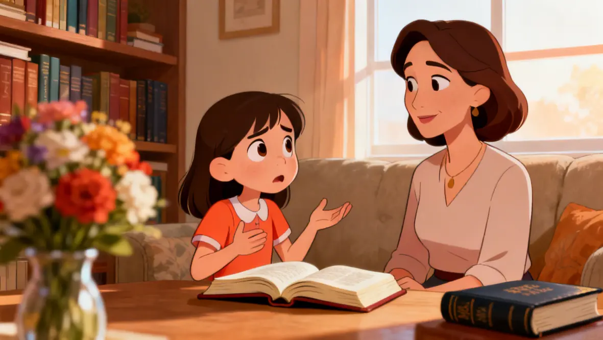 Criança ouvindo conselhos da mãe sobre a palavra de Deus e discernindo vozes ao seu redor.