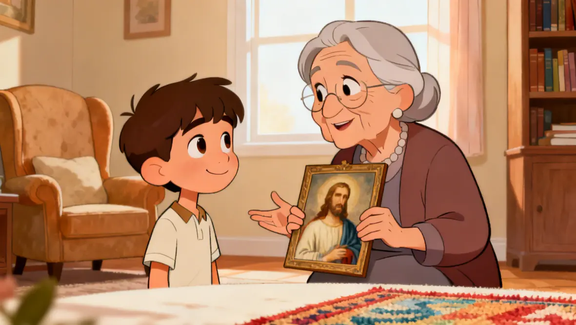 Criança orando e agradecendo a Jesus, simbolizando paz e amor em sua vida.