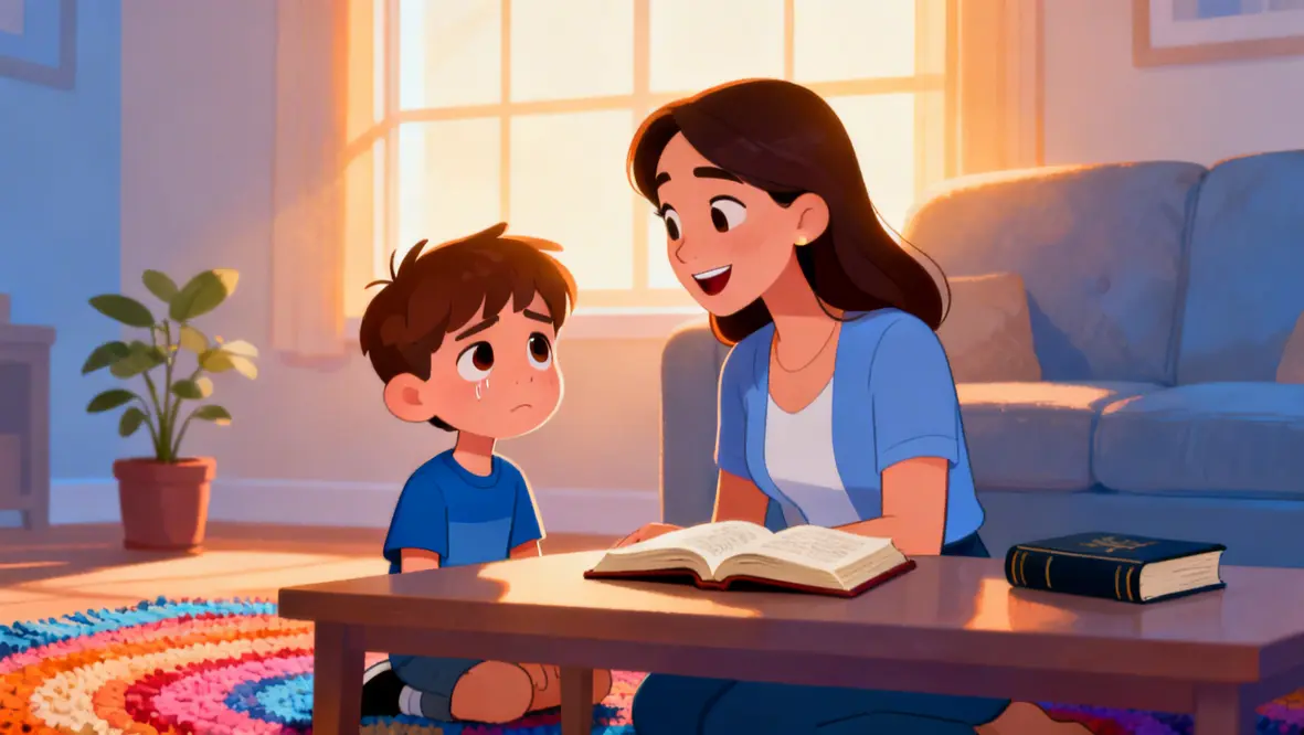 Criança conversando com a mãe sobre sentimentos e a luz de Deus.