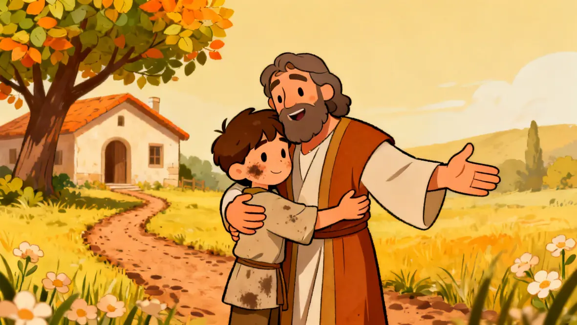 Ilustração do filho pródigo sendo recebido pelo pai, simbolizando o amor de Deus.