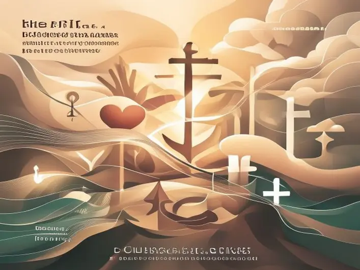 Cinco pilares da fé cristã representados por símbolos de fé, amor, esperança, perdão e serviço.