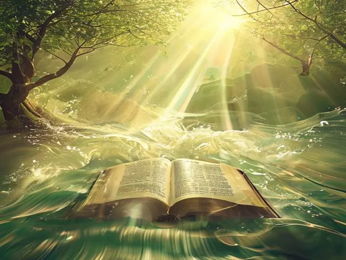 Imagem de uma Bíblia aberta com versículos inspiradores sobre fé e meditação.